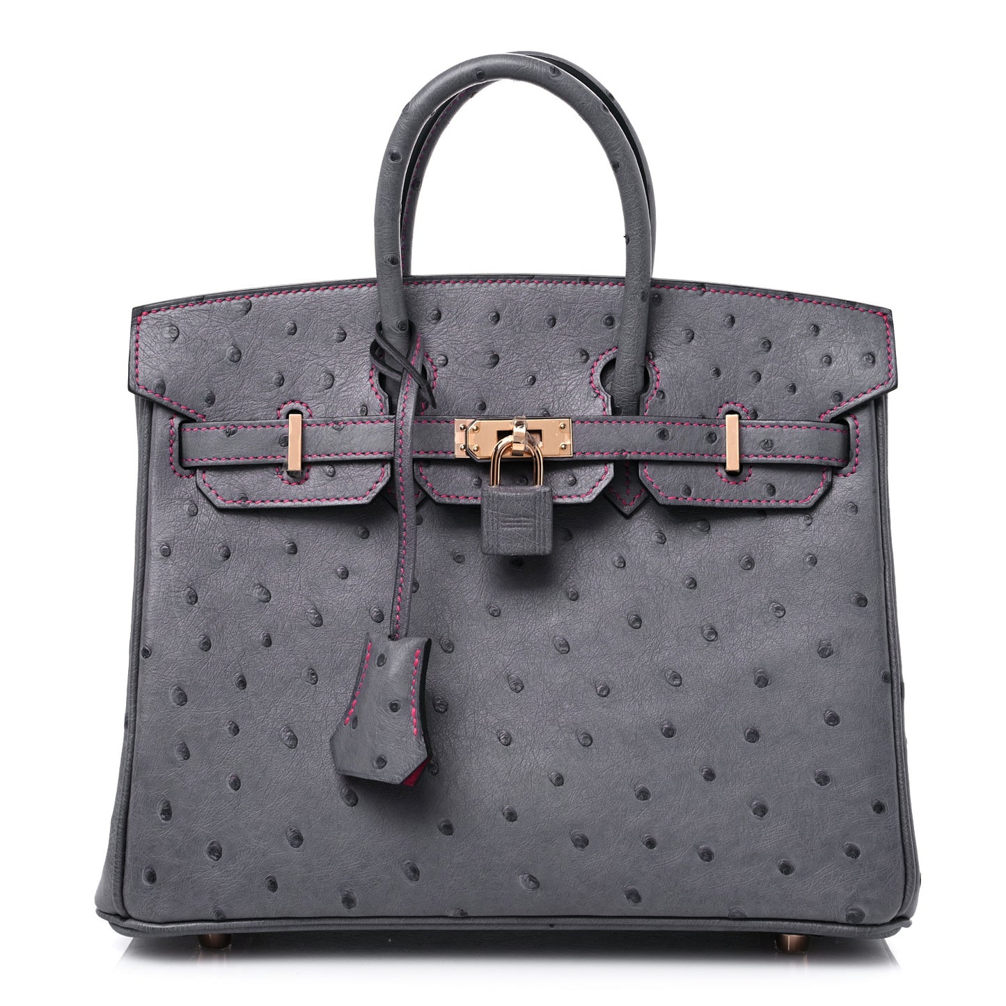 Ostrich Horseshoe Birkin 25 Gris Agate Rose Shocking