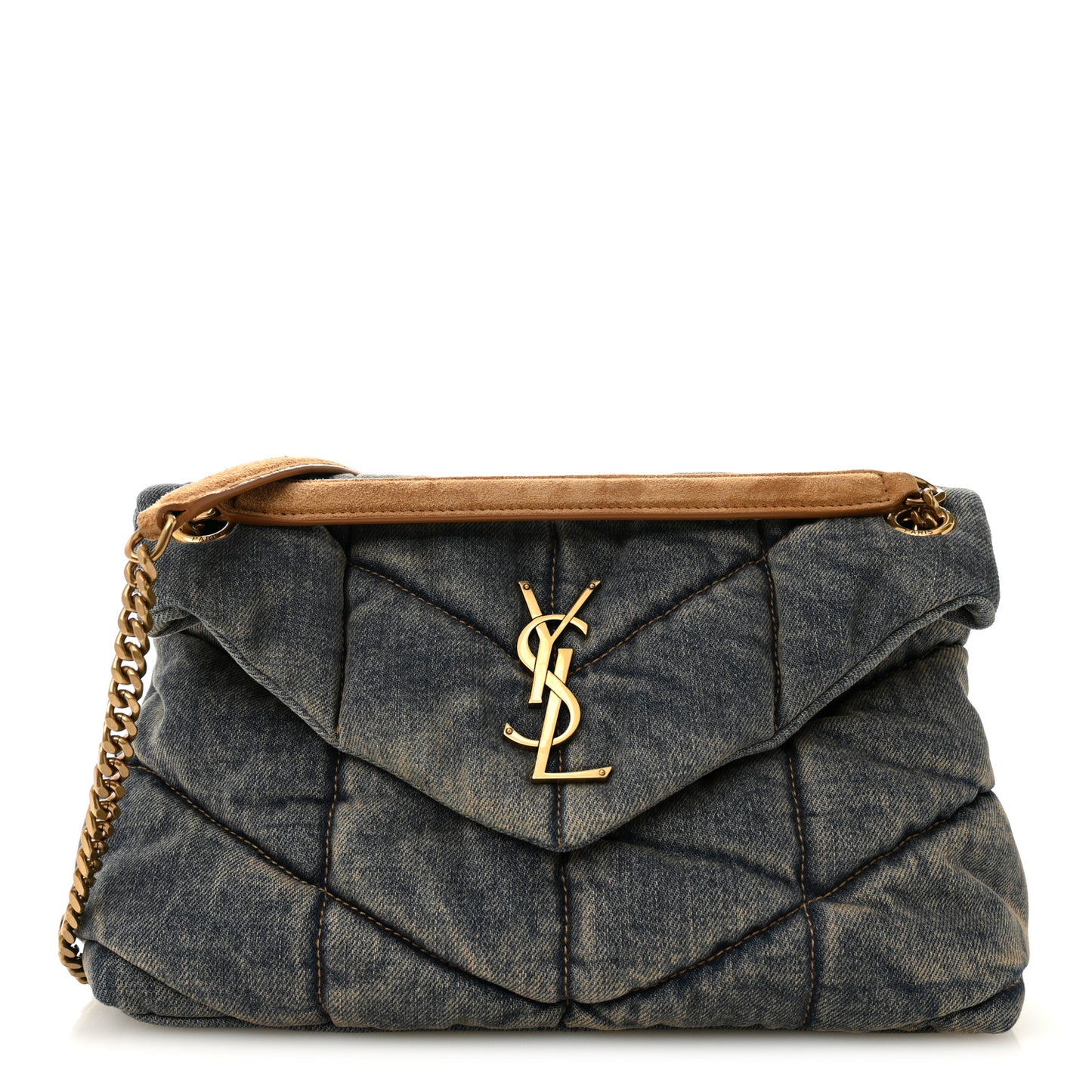 Denim Quilted Small Loulou Puffer Monogram Chain Satchel Blue Cinnamon