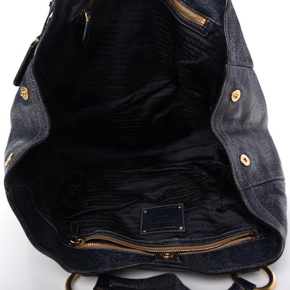 Prada Metallic Vitello Daino Tote Dark Blue 5 of 10