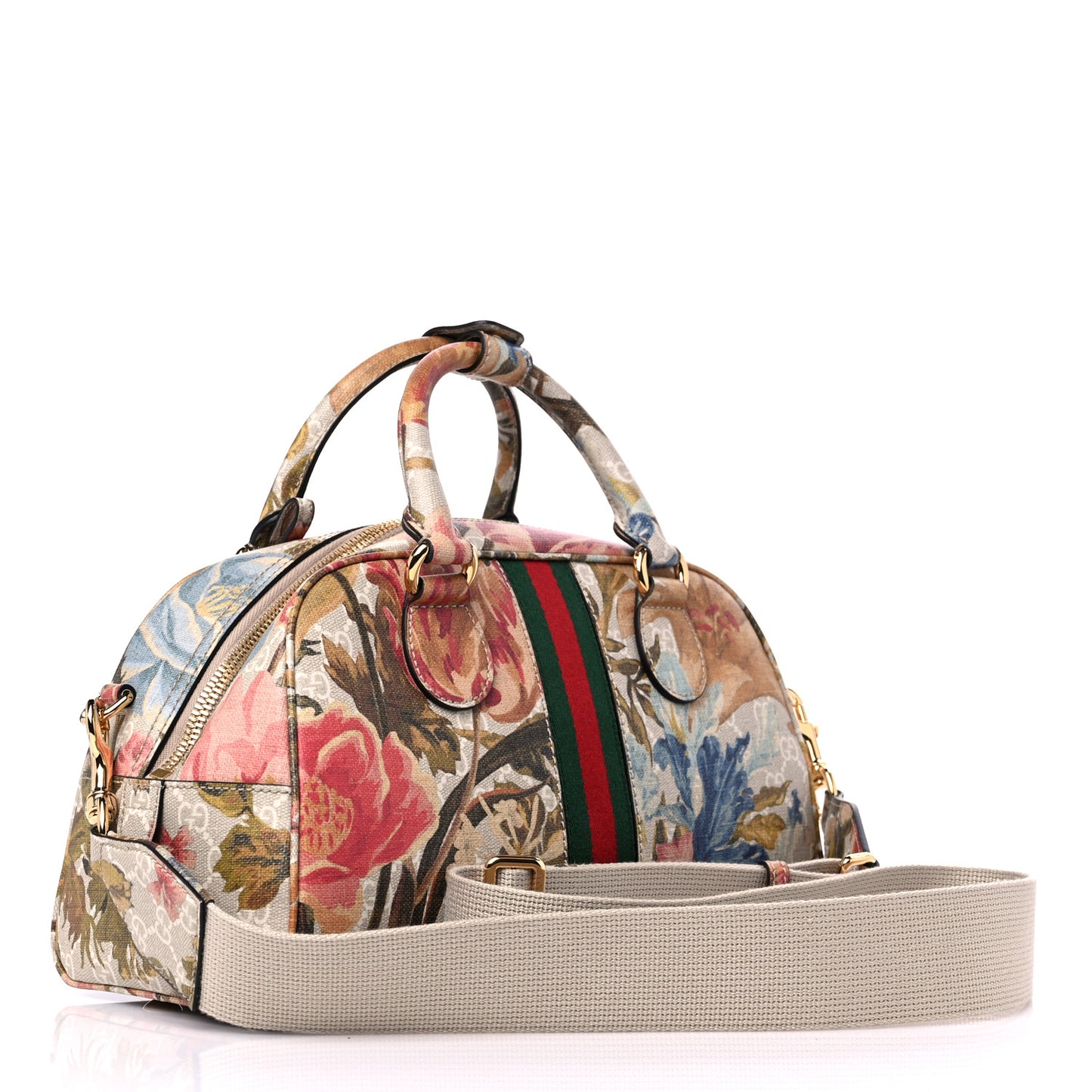 GG Supreme Monogram Water Flora Web Medium Ophidia Top Handle Bowler Bag Beige White Multicolor