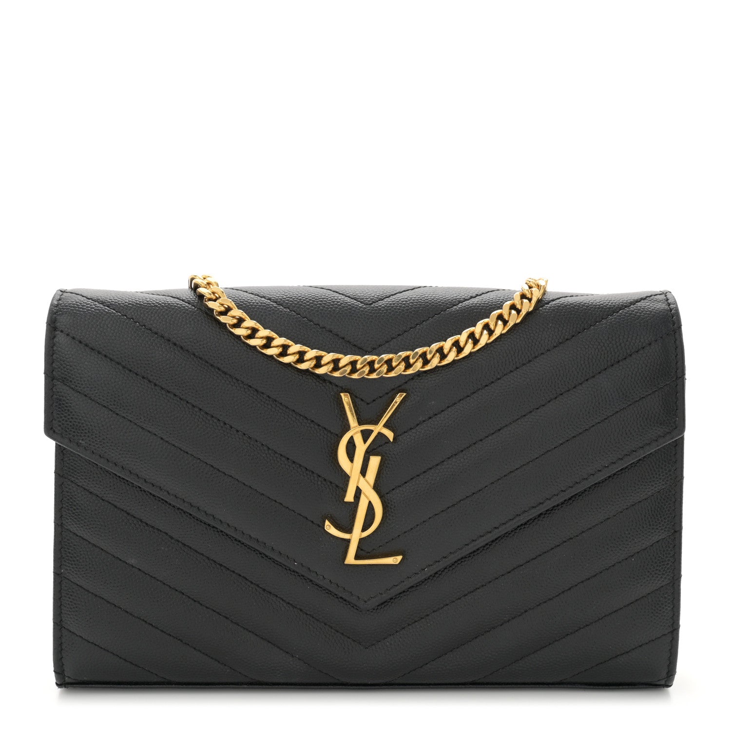 Saint Laurent Grain De Poudre Matelasse Chevron Monogram Chain Wallet Black 1 of 13