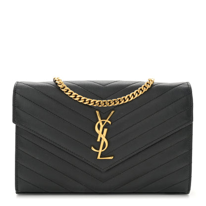 Saint Laurent Grain De Poudre Matelasse Chevron Monogram Chain Wallet Black 1 of 13