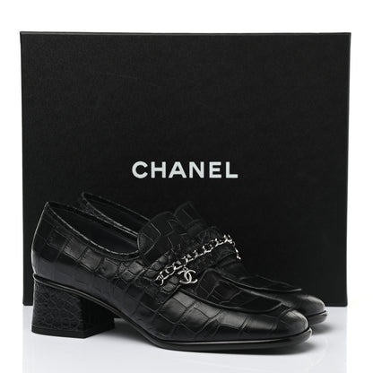 Chanel Calfskin Crocodile Embossed CC Chain Mocassin Loafers 37.5 Navy Black 8 of 8