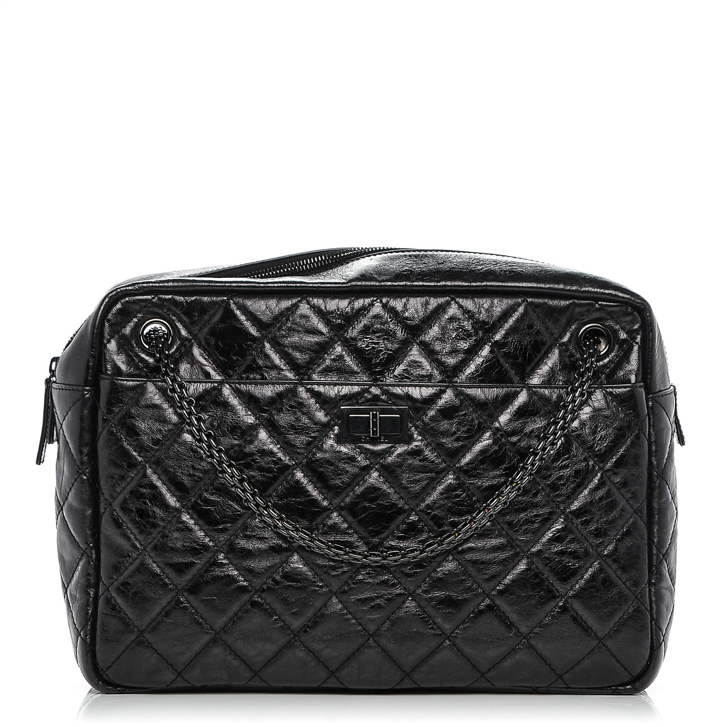 Metallic Aged Calfskin Quilted Large Reissue Camera Case Black