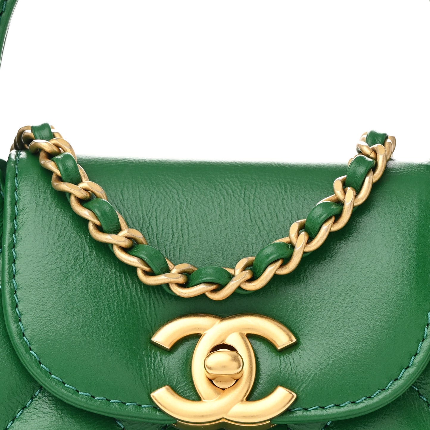 Shiny Aged Calfskin Quilted Nano Kelly Shopper Green