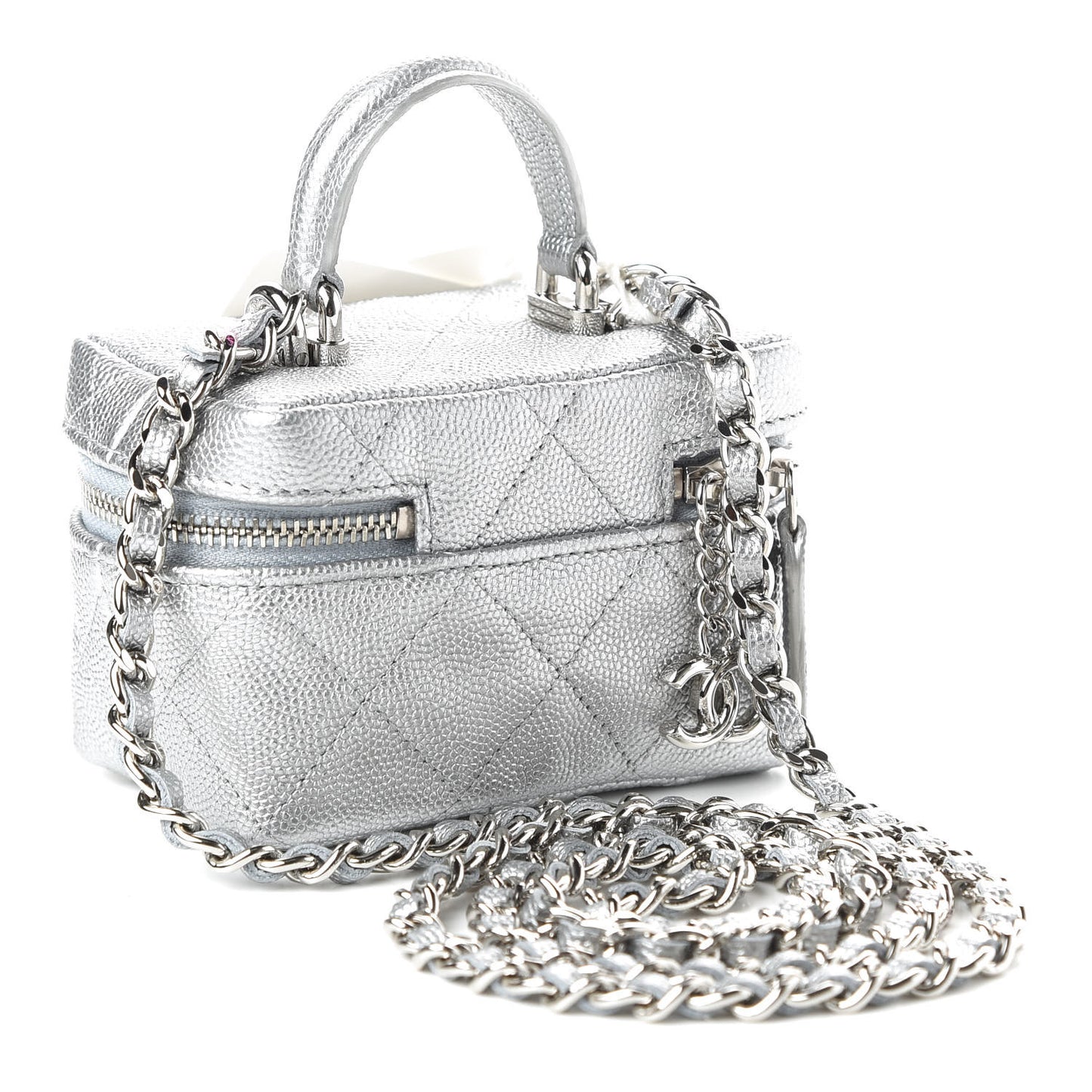 Metallic Caviar Quilted Mini Top Handle Vanity With Chain Silver