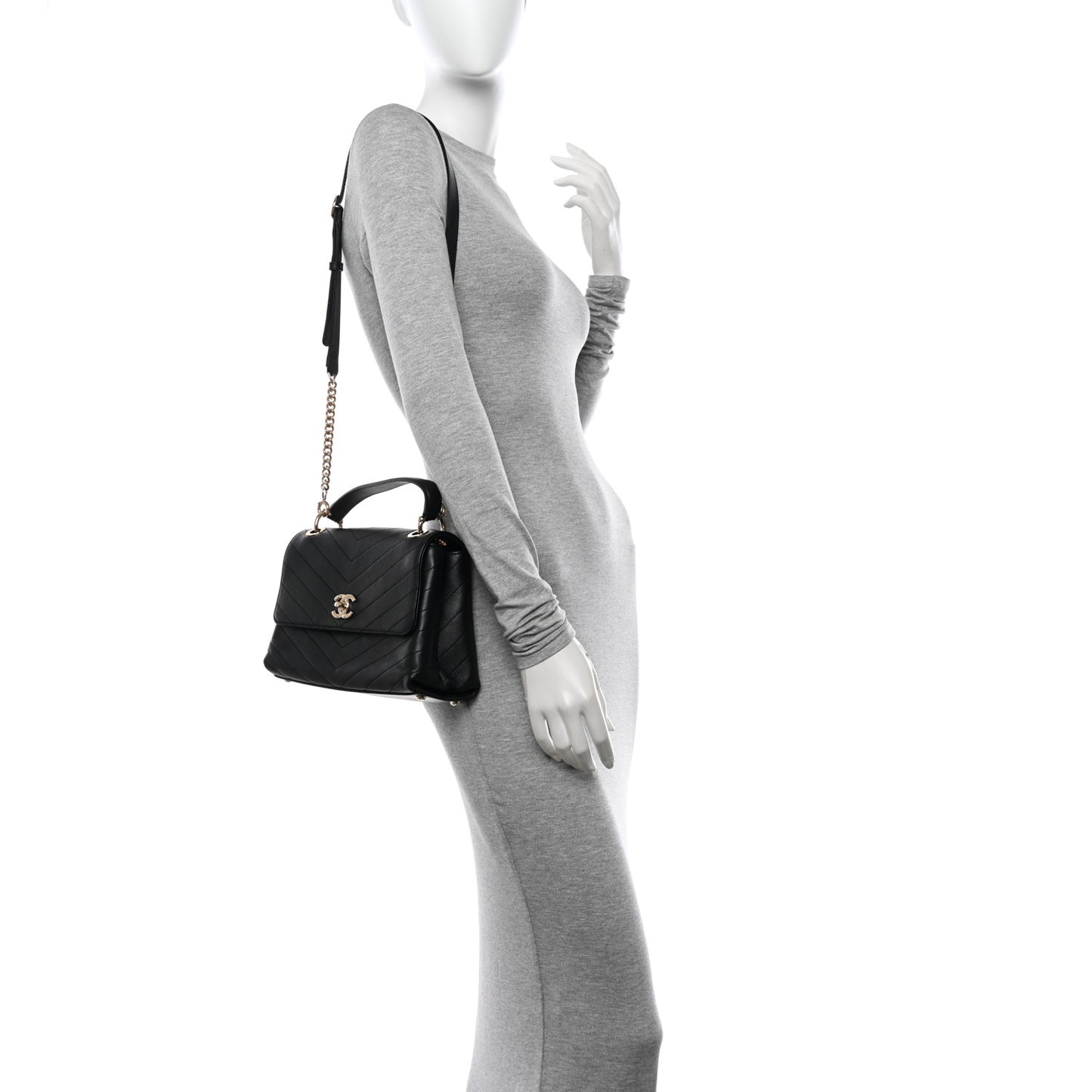 Grained Calfskin Small Chevron Chic Top Handle Flap Black