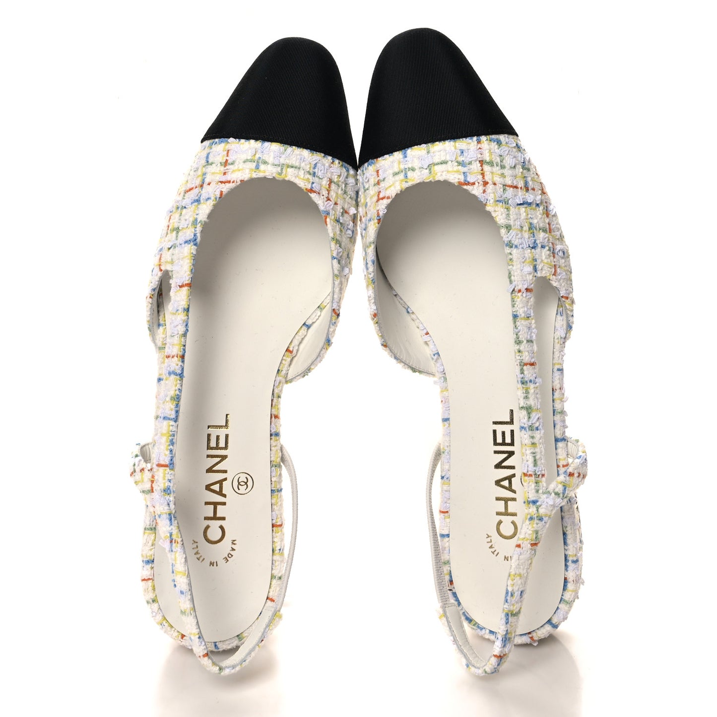 Tweed Grosgrain Cap Toe CC Slingback Flat 40 White Multicolor