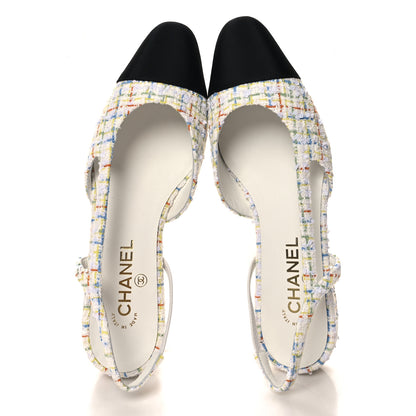 Chanel Tweed Grosgrain Cap Toe CC Slingback Flat 40 White Multicolor 2 of 10