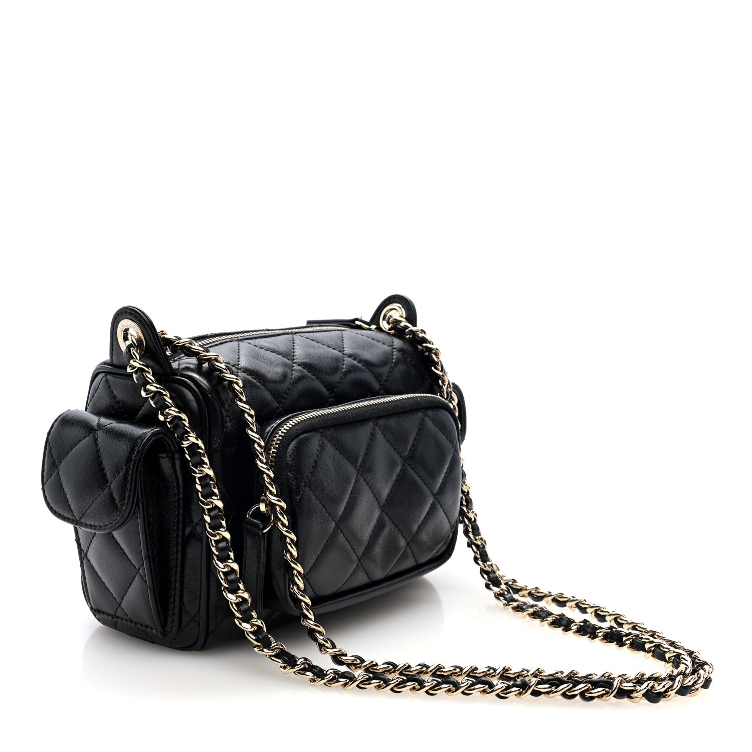 Chanel Shiny Crumpled Lambskin Quilted Small Preppy Pocket Camera Case Black 3 of 10