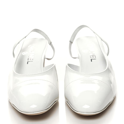 Chanel Patent Calfskin Cap Toe CC Slingback Pumps 38 White 2 of 8