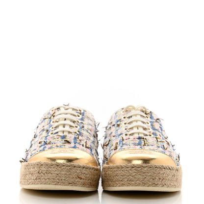 Chanel Tweed Laminated Lambskin Lace Up Espadrilles 39 Pink Blue Gold White 3 of 9