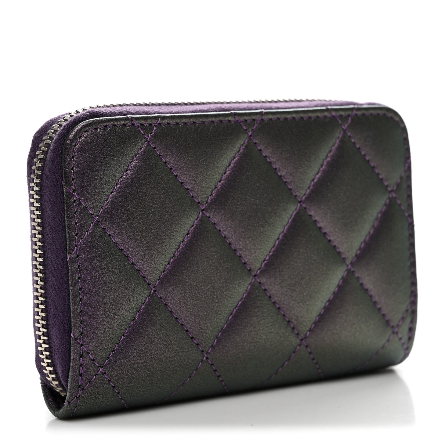 Metallic Lambskin Quilted Zip Around Coin Purse Wallet Dark Purple