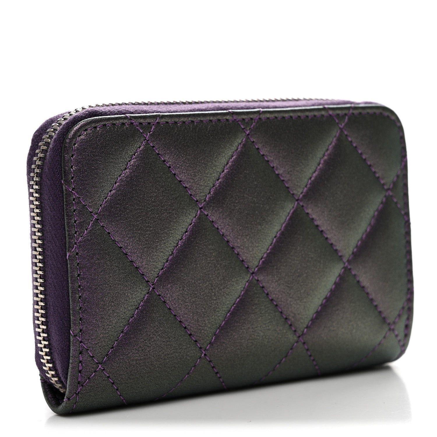 Chanel Metallic Lambskin Quilted Zip Around Coin Purse Wallet Dark Purple 3 of 8