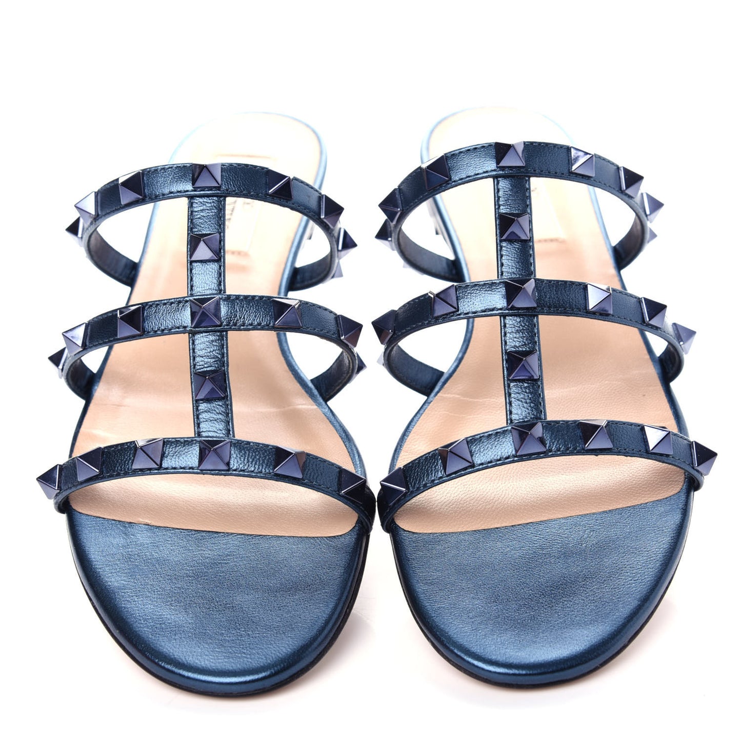 Metallic Nappa Rockstud Caged Flat Slide Sandals 36 Marine