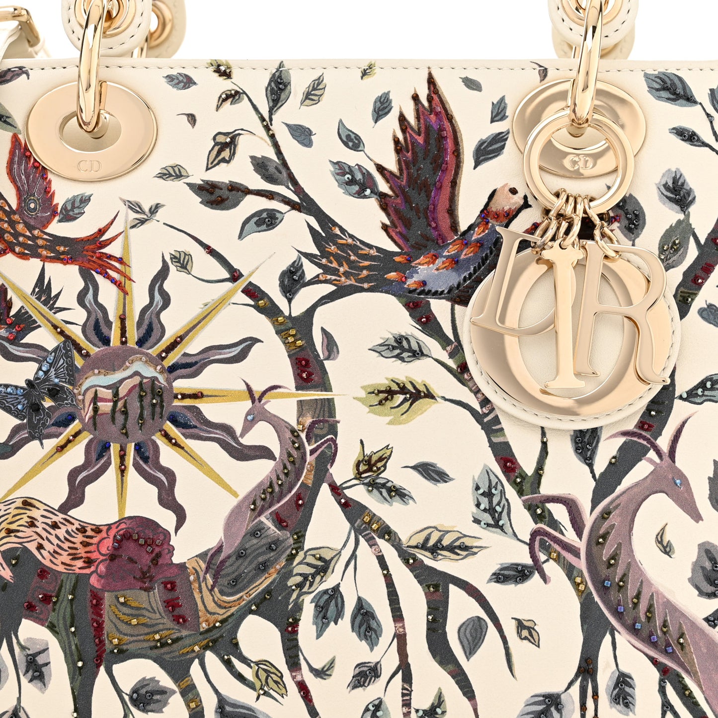 Calfskin Embroidered Medium Lady Dior White Multicolor