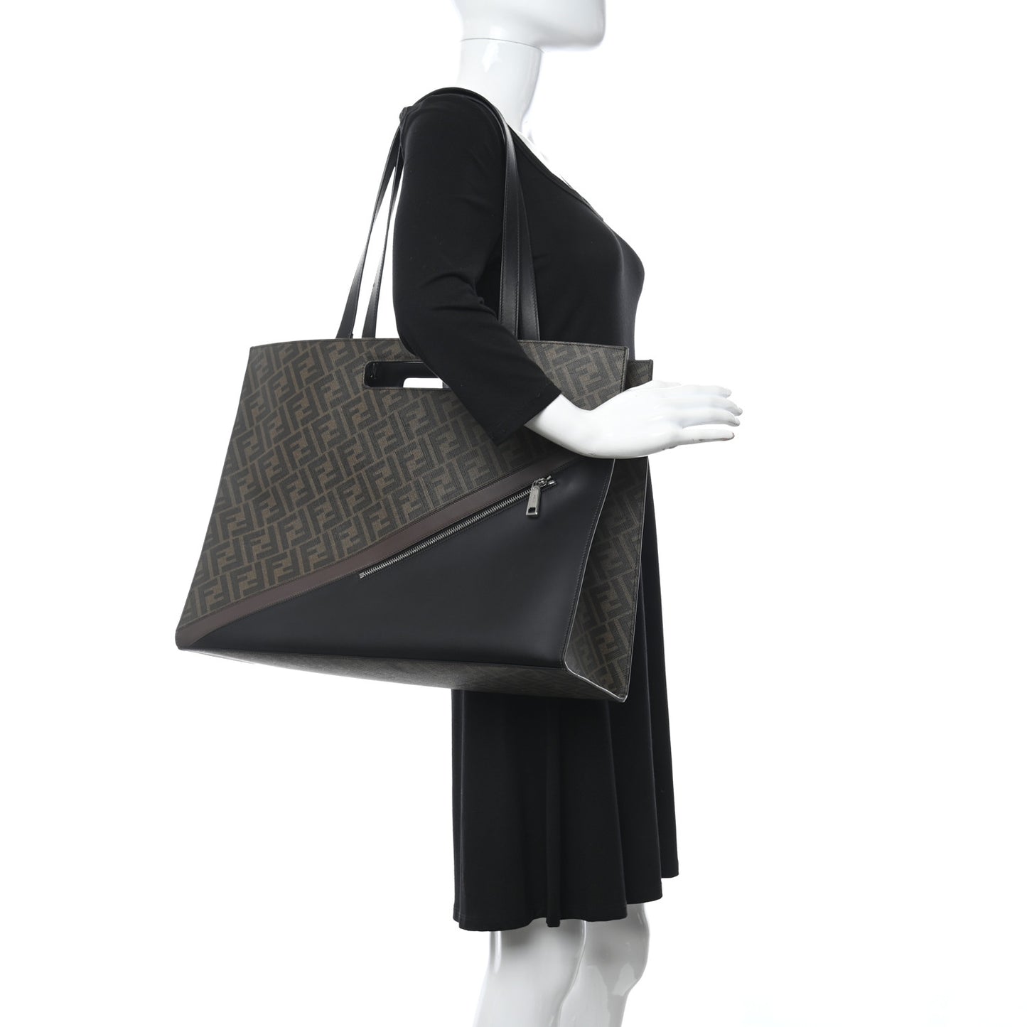 Glazed Fabric Vitello Liberty FF 1974 Diagonal East West Shopper Tote Tobacco Moresco Black
