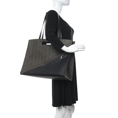 Fendi Glazed Fabric Vitello Liberty FF 1974 Diagonal East West Shopper Tote Tobacco Moresco Black 2 of 10