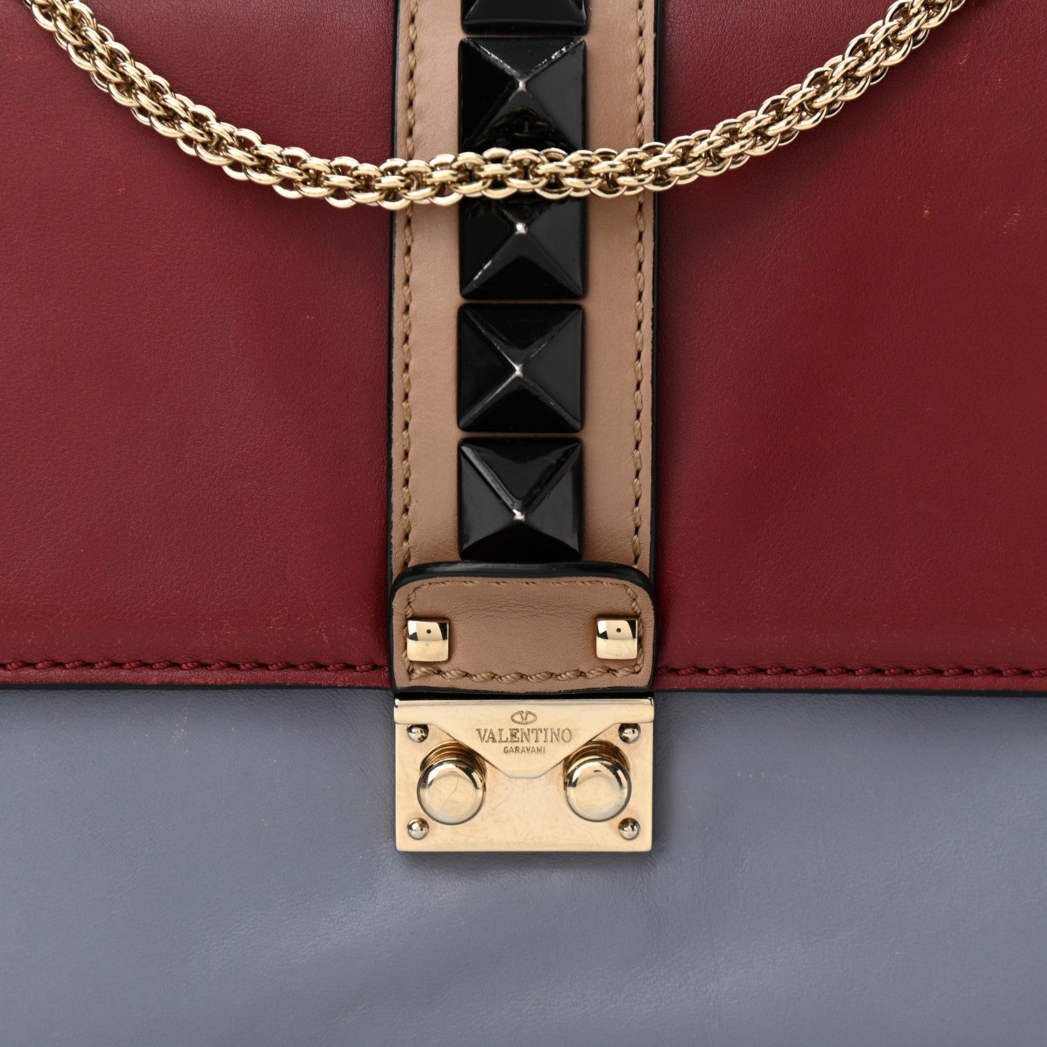Valentino Garavani Vitello Tri-Color Medium Glam Lock Rockstud Flap Red Beige Gray 7 of 12