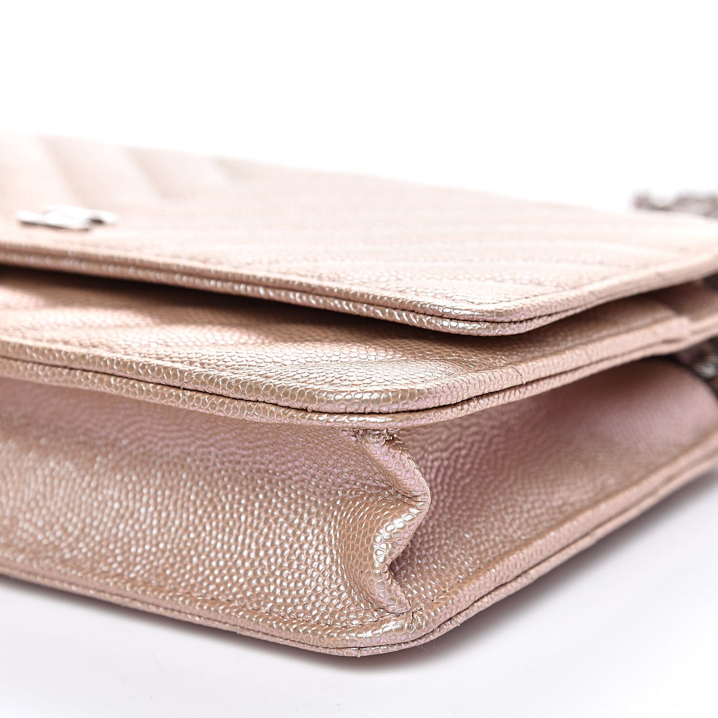 Metallic Caviar Chevron Quilted Wallet On Chain WOC Light Gold