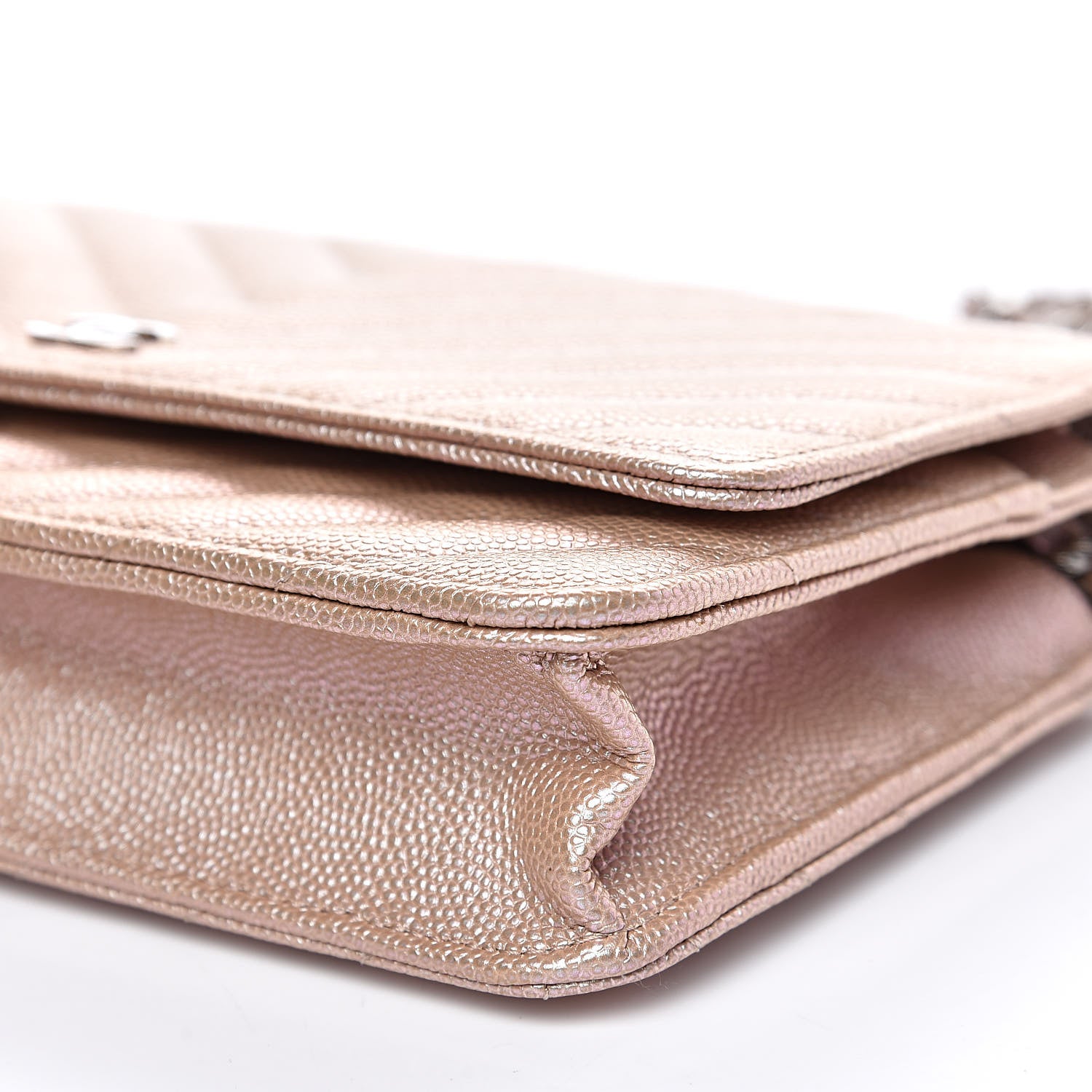 Chanel Metallic Caviar Chevron Quilted Wallet On Chain WOC Light Gold 10 of 14