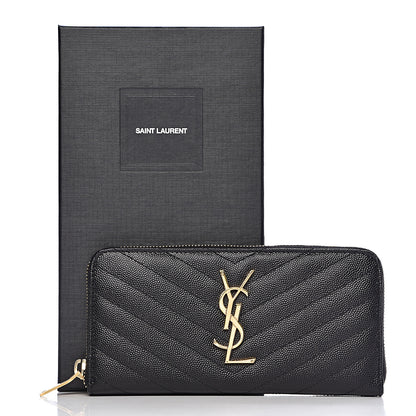 Saint Laurent Grain De Poudre Matelasse Chevron Monogram Zip Around Wallet Black 9 of 9