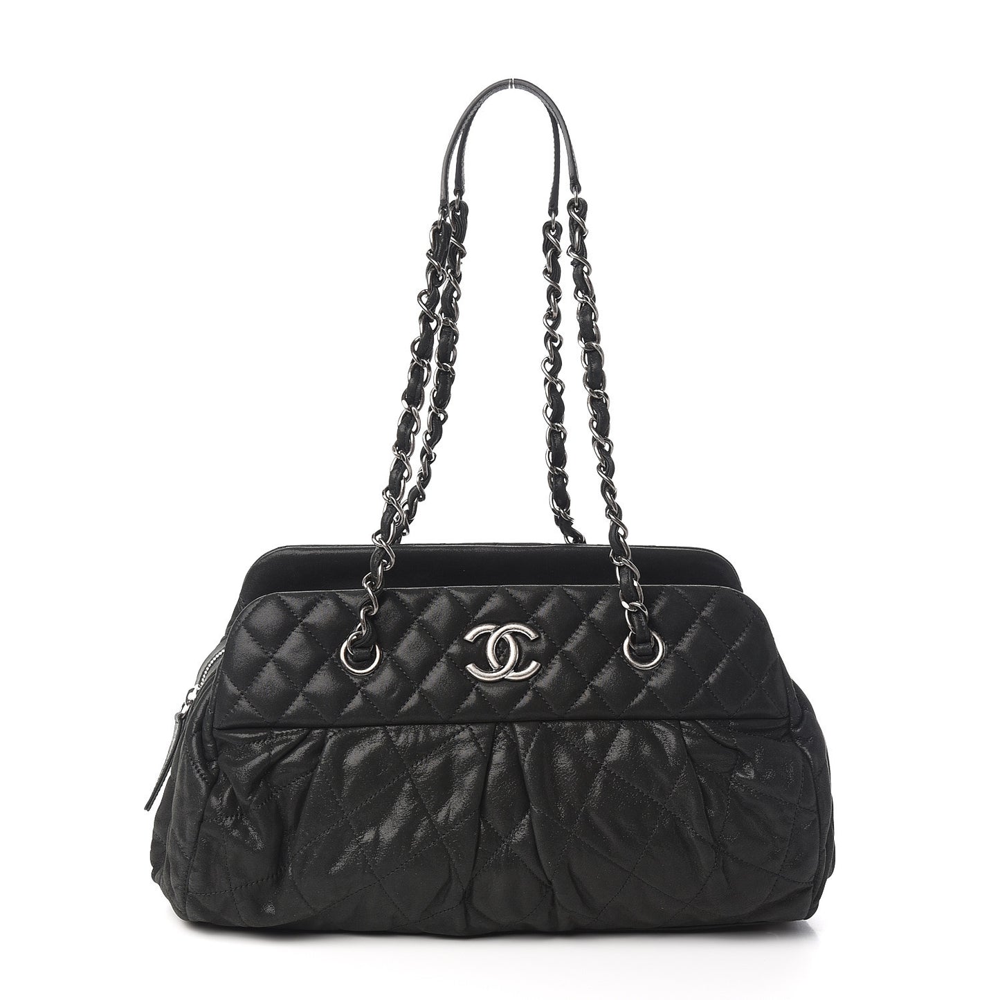 Iridescent Calfskin Chic Quilt Bowling Bag Black