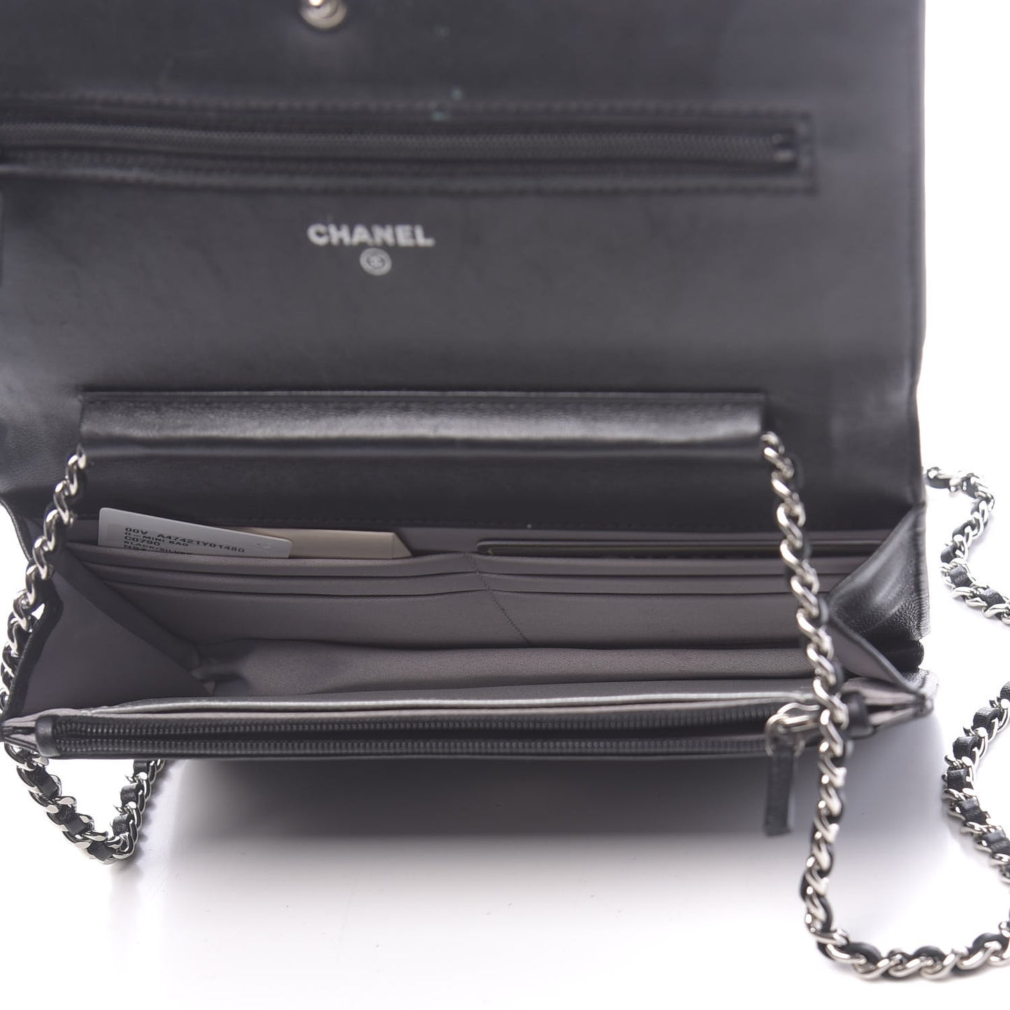Lambskin Camellia Embossed Wallet on Chain WOC Black