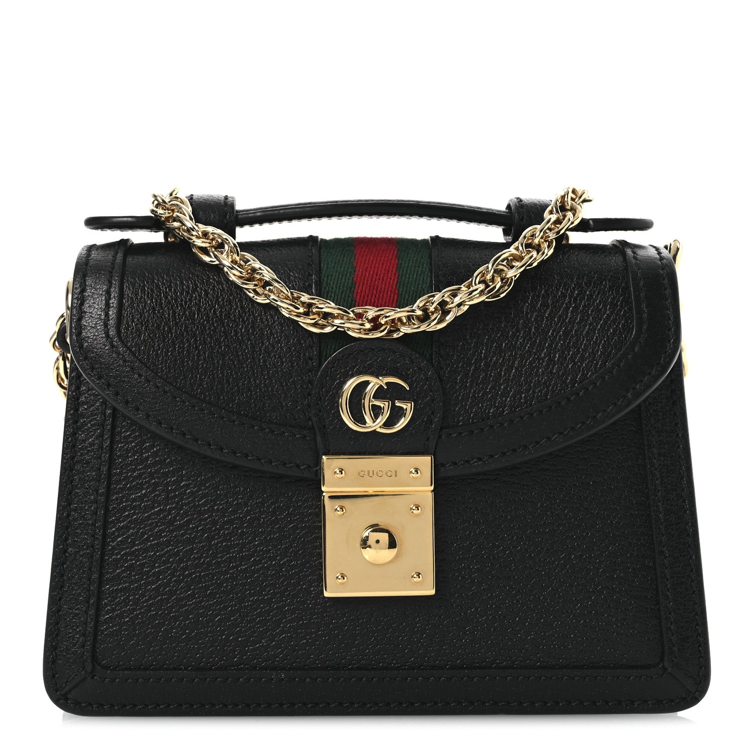 Gucci Textured Dollar Calfskin Web Mini Ophidia Padlock Top Handle Chain Shoulder Bag Black 1 of 10