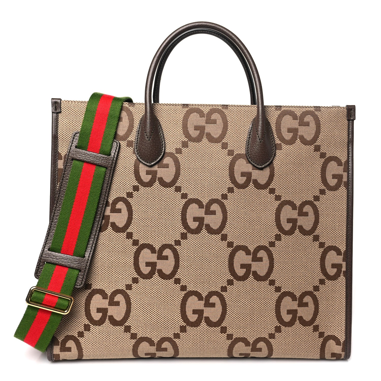 Gucci Monogram Jumbo GG Textured Dollar Calfskin Web Tote Bag Camel Ebony New Acero 1 of 12