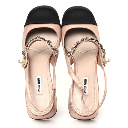 Miu Miu Satin Chain Pearl Slingback Pumps 39 Cammeo Black 2 of 9