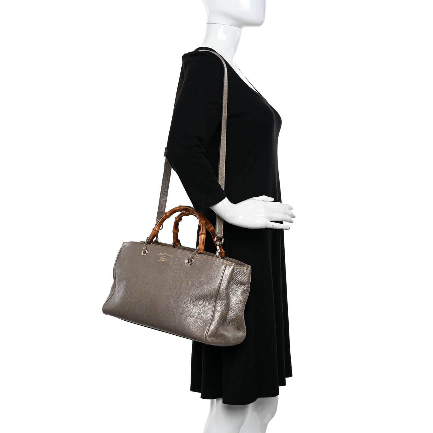 Metallic Pebbled Calfskin Medium Bamboo Shopper Tote Golden Beige