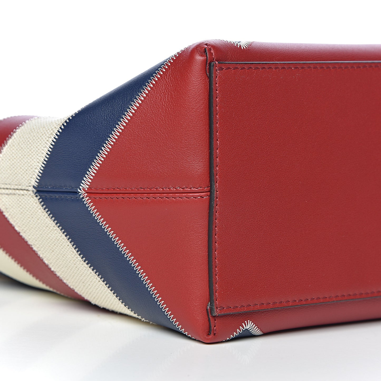 Calfskin Canvas Chevron Inlay Rockstud Shoulder Tote Red White Blue