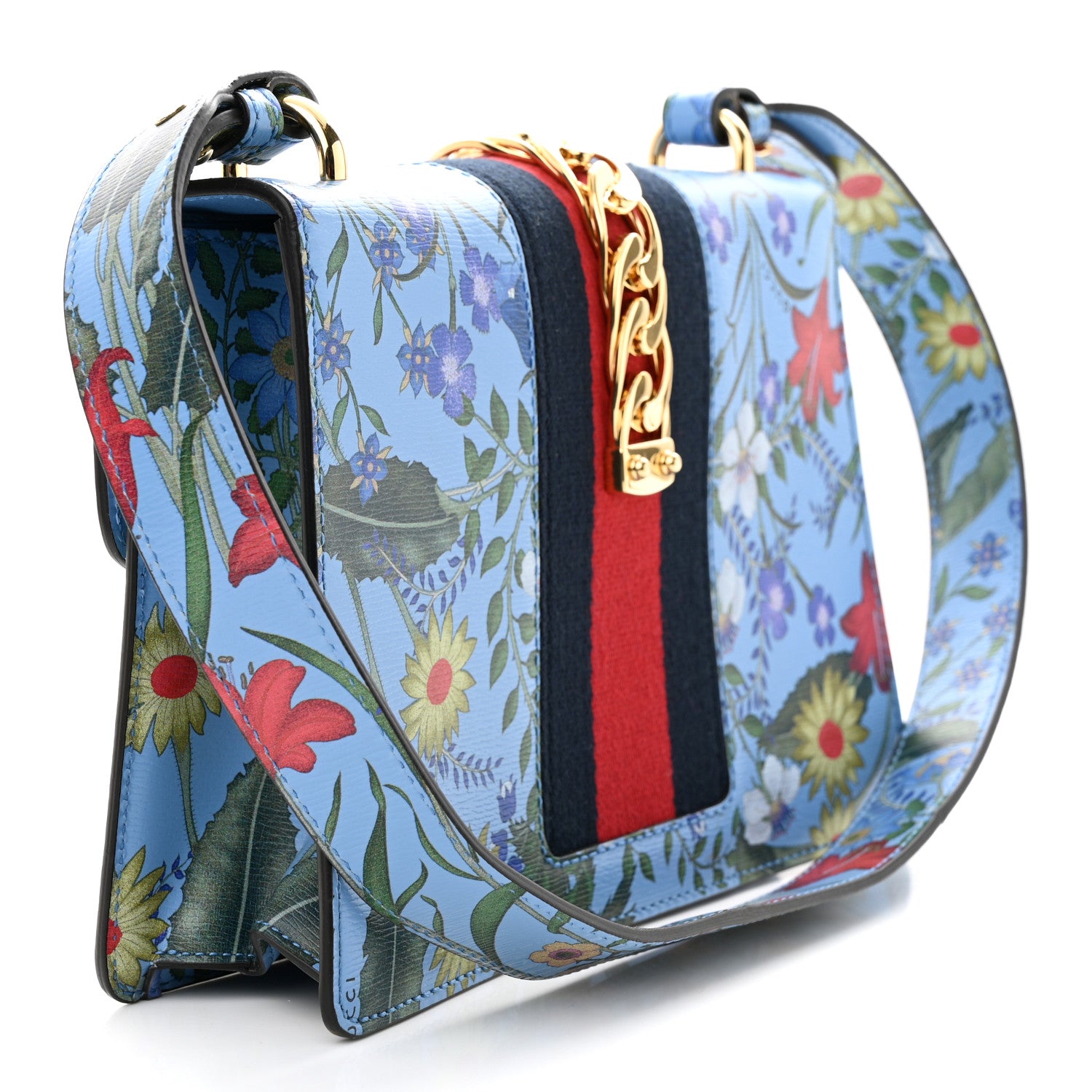 Gucci Shangai Calfskin Web New Flora Small Sylvie Shoulder Bag Azure 3 of 10