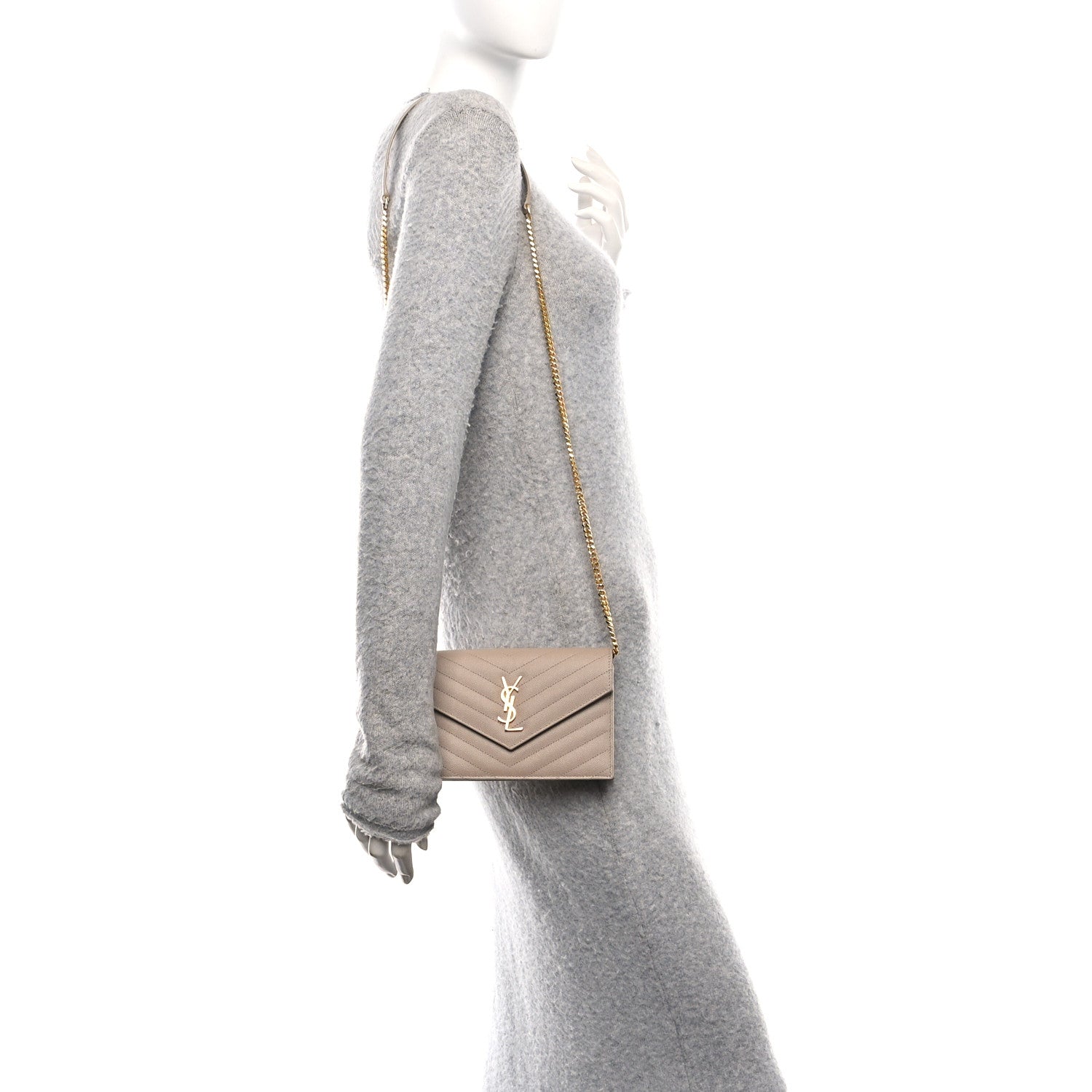 Saint Laurent Grain De Poudre Matelasse Chevron Monogram Envelope Chain Wallet Dusty Grey 2 of 10