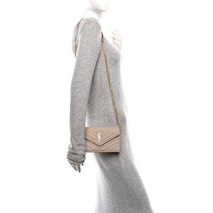 Saint Laurent Grain De Poudre Matelasse Chevron Monogram Envelope Chain Wallet Dusty Grey 2 of 10