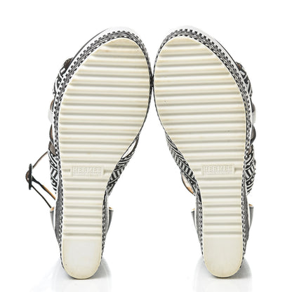 Hermes Toile Swift Roma Espadrille Wedge Sandals 37.5 Black White 5 of 8