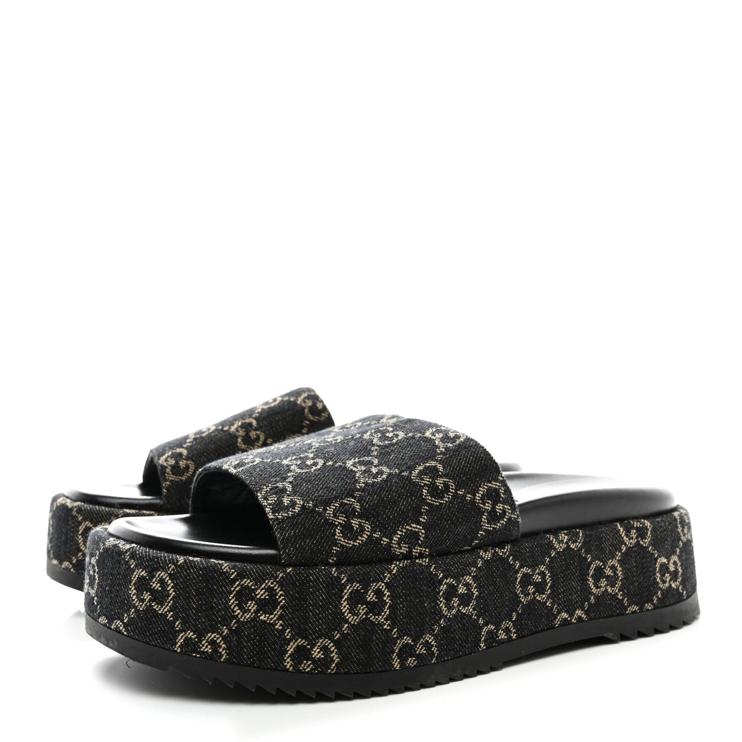 Gucci Jacquard Black Denim GG Monogram Angelina Platform 55mm Slide Sandals 38 Black Ivory 3 of 9