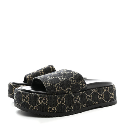 Gucci Jacquard Black Denim GG Monogram Angelina Platform 55mm Slide Sandals 38 Black Ivory 3 of 9