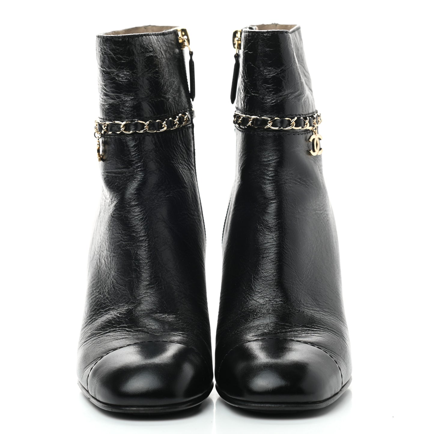 Crumpled Calfskin Cap Toe Chain Short Boots 37.5 Black