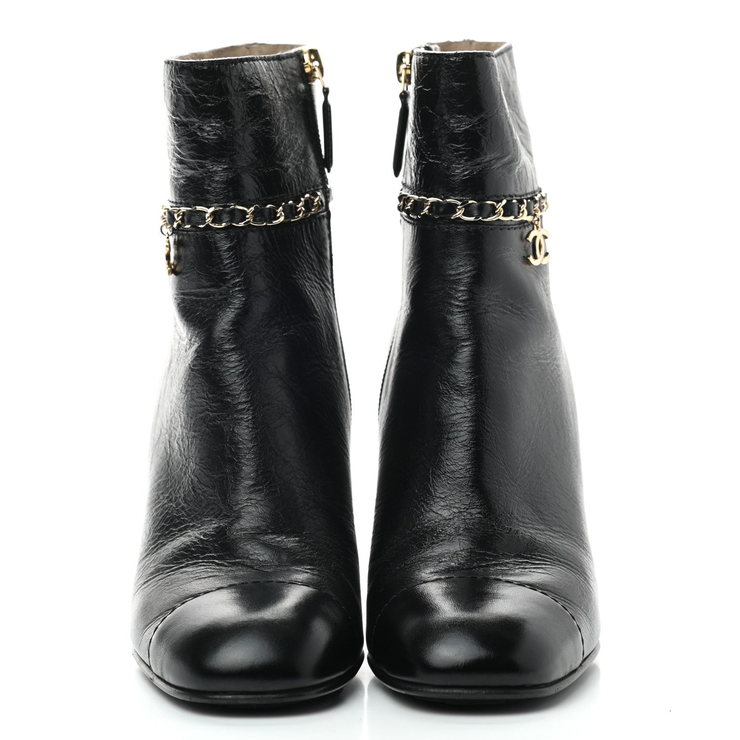 Chanel Crumpled Calfskin Cap Toe Chain Short Boots 37.5 Black 2 of 6