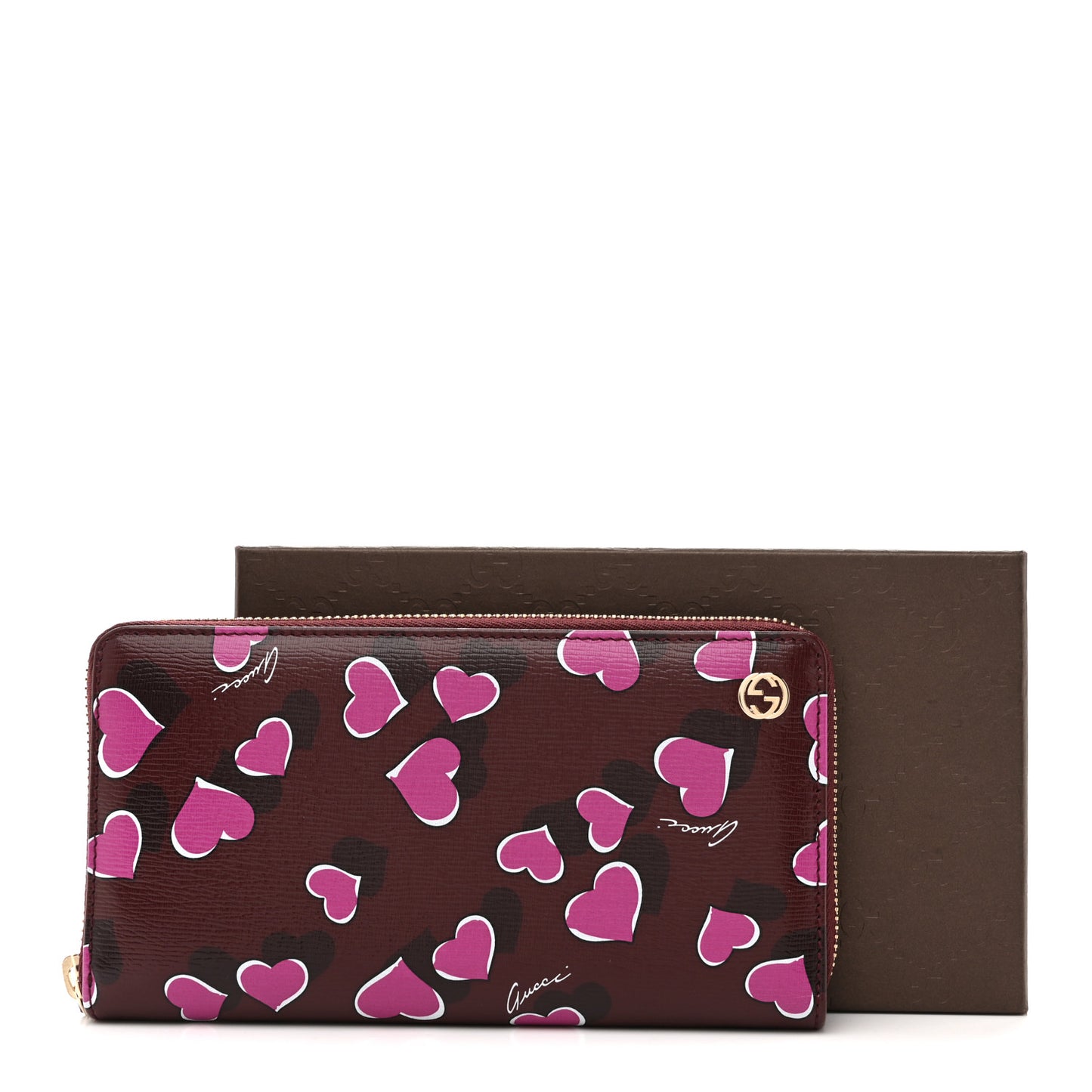 Calfskin Heartbeat Print Zip Around Wallet New Wine