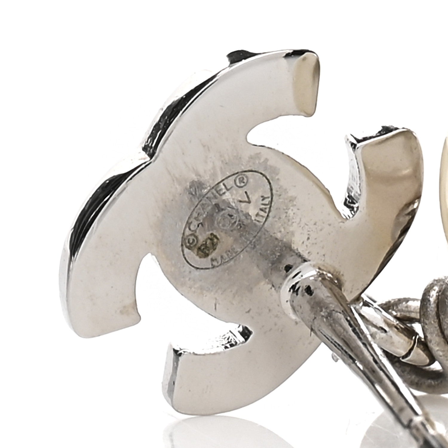 Chanel Crystal Pearl CC Drop Earrings Silver Pearly White 4 of 4