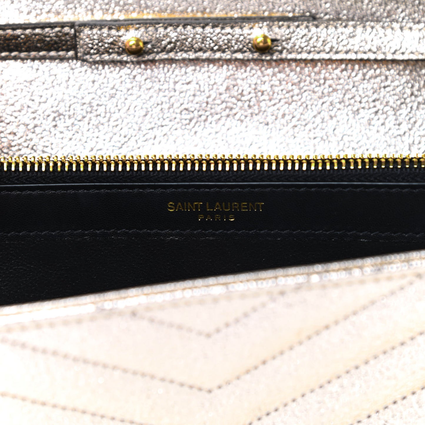 Metallic Grain De Poudre Matelasse Chevron Monogram Chain Wallet Gold