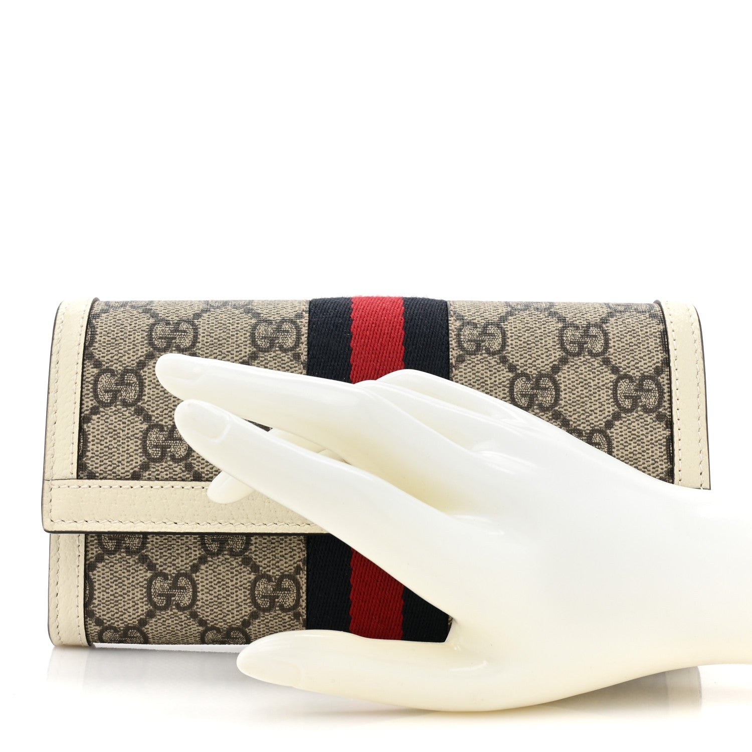 Gucci GG Supreme Monogram Textured Calfskin Web Ophidia Continental Wallet Beige White 2 of 15