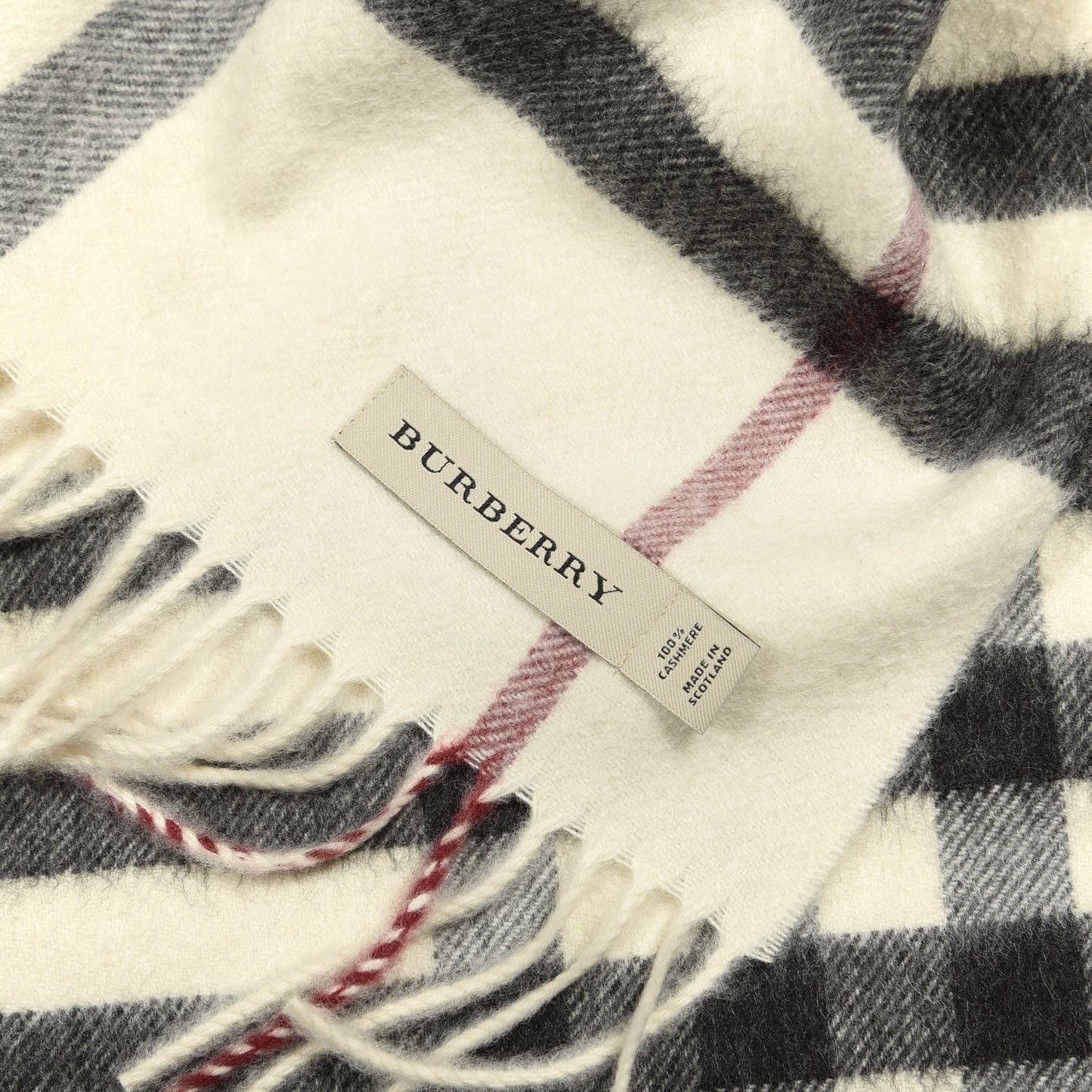 Cashmere Giant Check Fringe Scarf Natural White