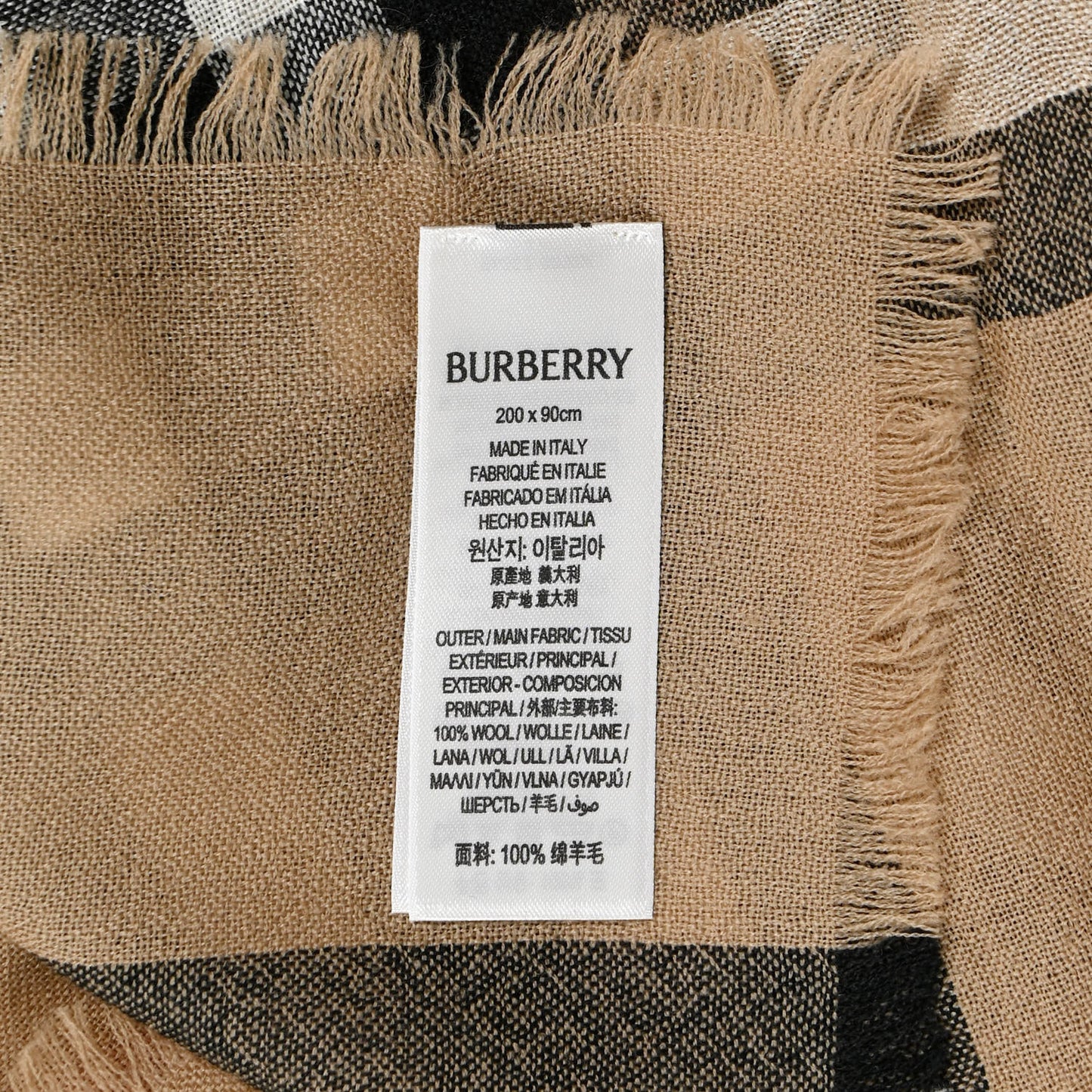 Wool Silk Gauze Giant Check Lightweight Scarf Camel