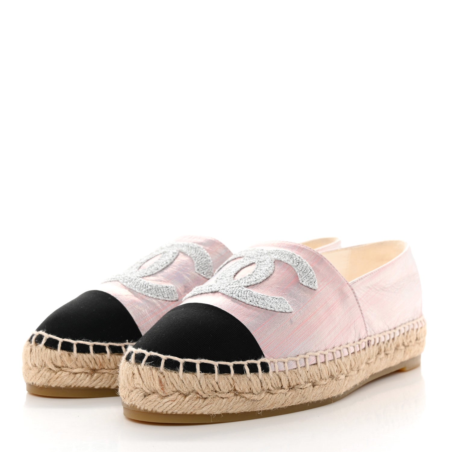 Chanel Laminated Lambskin Grosgrain Embroidered CC Espadrilles 39 Pink Silver Black 3 of 8