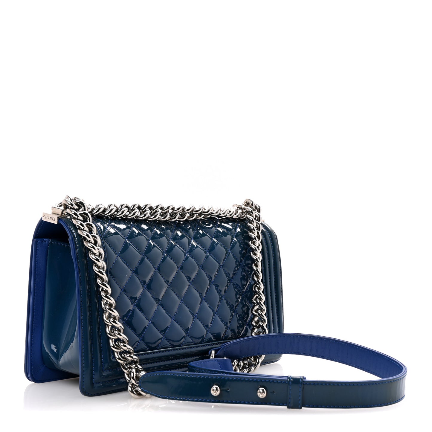 Patent Calfskin Quilted Medium Plexiglass Boy Flap Blue