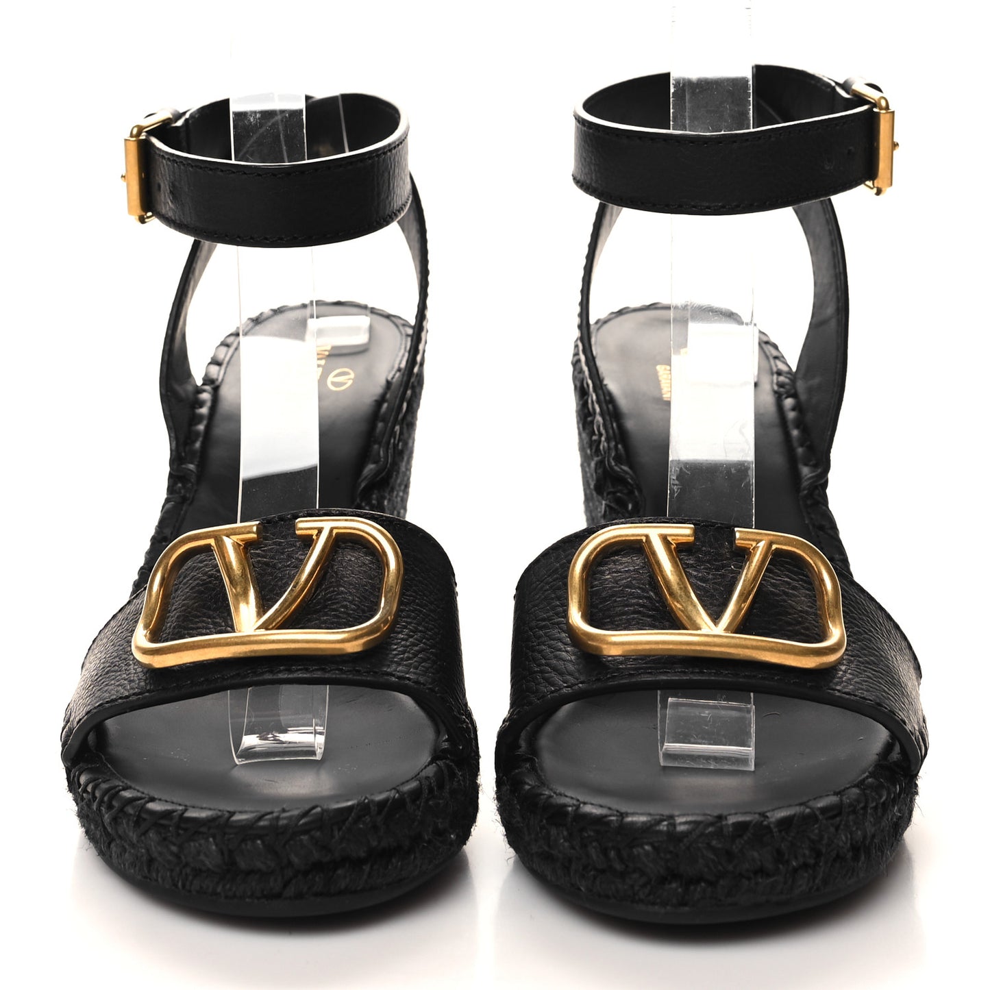 Grainy Cowhide VLogo Ankle Wrap Espadrille Wedge Sandals 40 Black